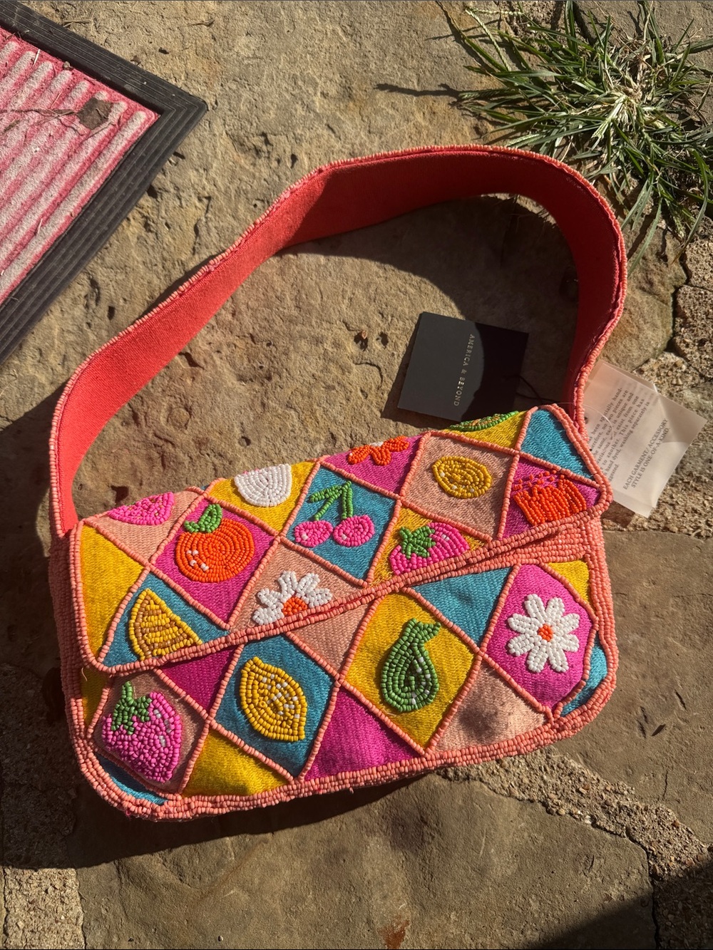 Colorful Beaded Patchwork Crossbody Bag - coral